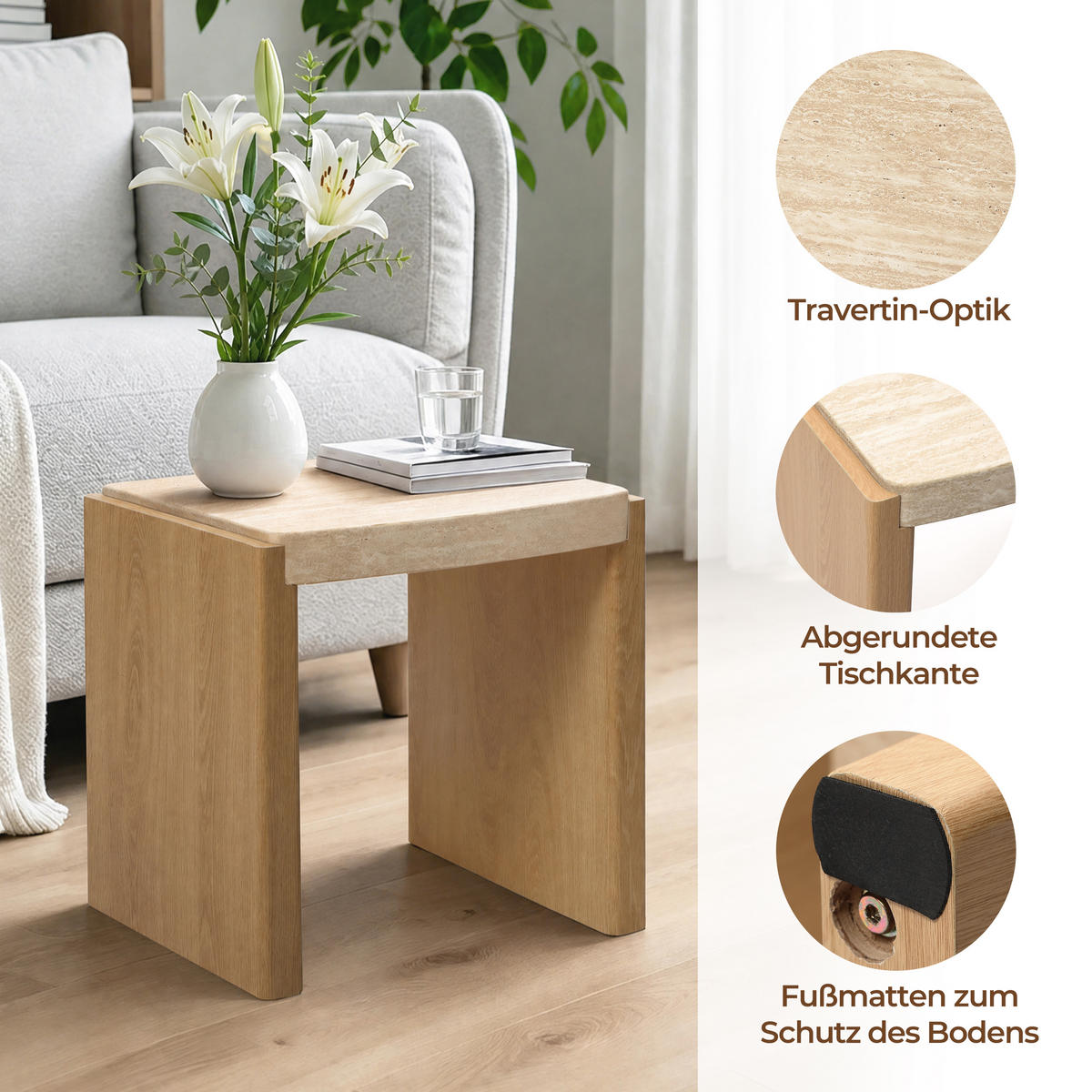 COUCHTISCH Holz mit Travertin-Optik, 49 × 40 × 46 cm - Braun, Holzwerkstoff (40/49/46cm) - Hometopia