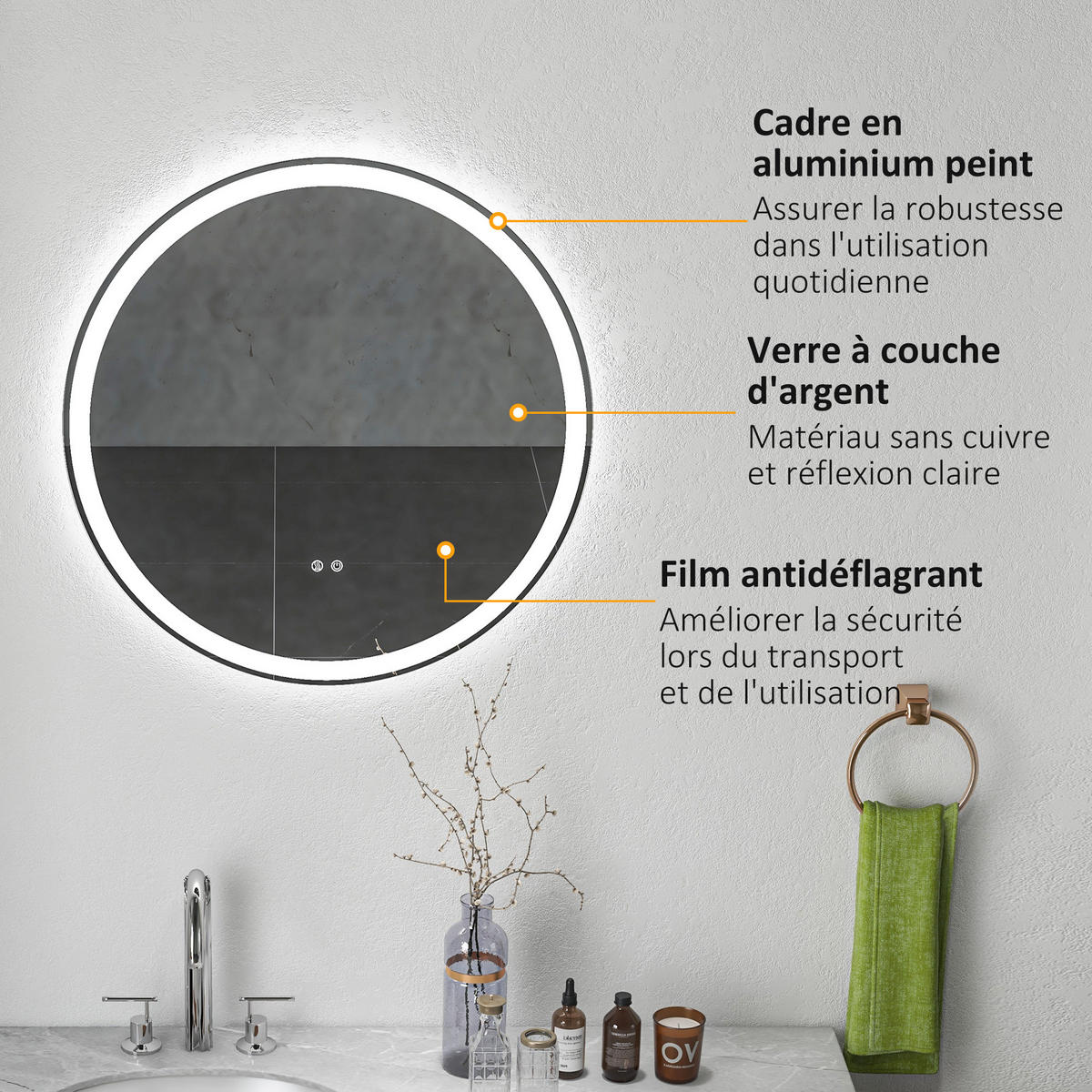 BADEZIMMERSPIEGEL DE-15146 mit 3 LED-Farben und dimmbar Weiß/Silber - Silberfarben, Metall (70/3.4/70cm) - ComfortXL