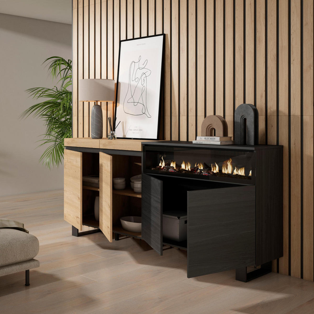 SIDEBOARD Elektrokamin, eiche, schwarz, 200/35/87cm - Beige/Multicolor, Holzwerkstoff (200/87/35cm) - Skraut Home