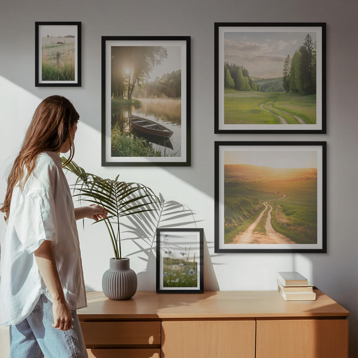 WANDBILDER 5er-Set - 50x50 cm & 20x30 cm & 40x60 cm Schwarzer Rahmen - Landschaftswiesenstraße West - Schwarz, Kunststoff (40/60cm) - ArtPrintCave