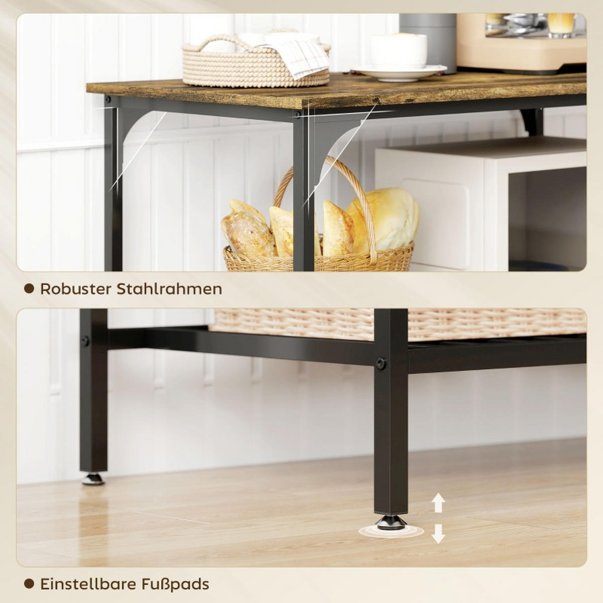 STANDREGAL Küchenregal 100/50/90 cm mit 3 Ebenen in Rustikalbraun und Schwarz - Braun, Holz (100/90/50cm) - BEAOK