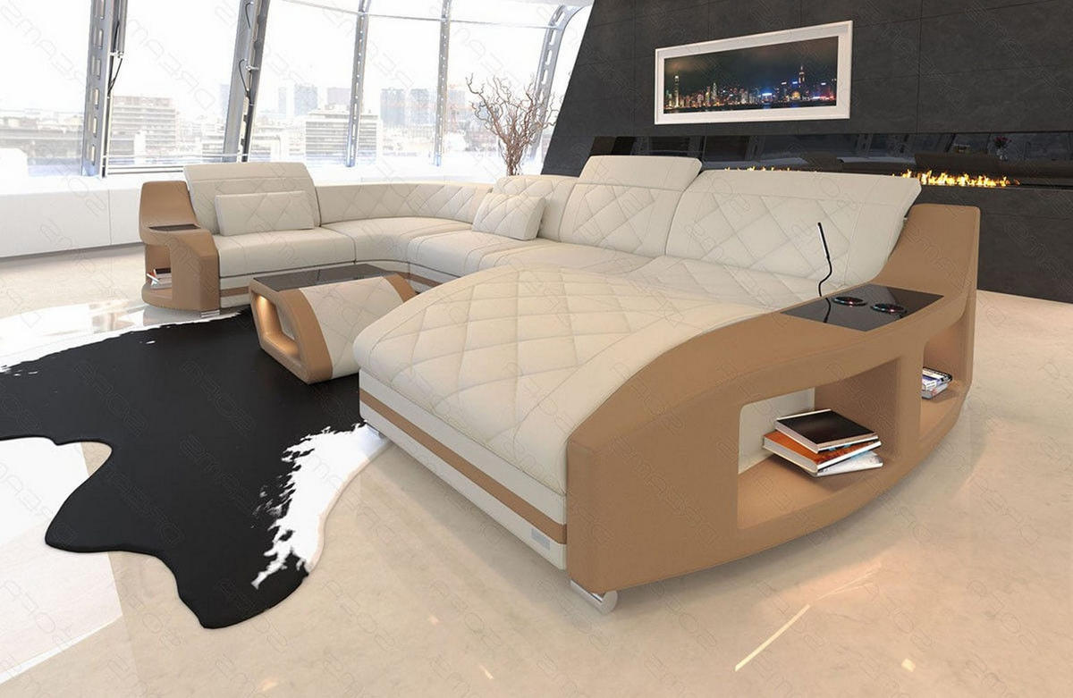 WOHNLANDSCHAFT Stoff Sofa Swing U Form Elfenbein Sandbeige Mikrofaserstoff - Sandfarben, Kunststoff (404/90/220cm)