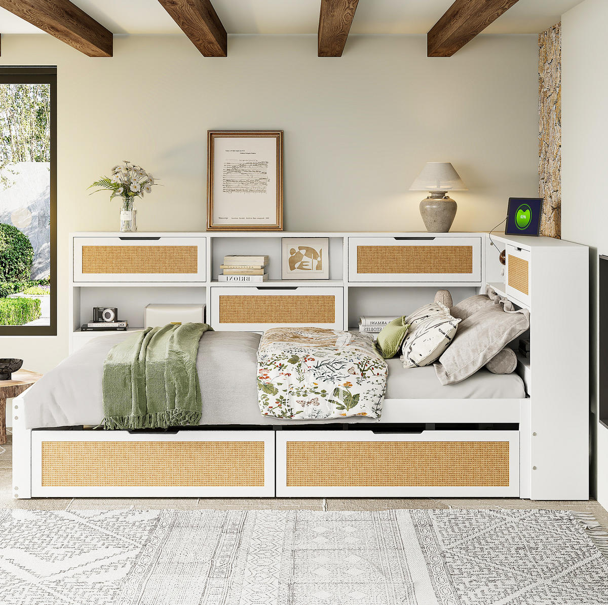 BETT 140/200 cm in Weiß mit Stauraum und USB-Ladeanschlüssen inkl. Lattenrost - Weiß, Holzwerkstoff (140/200cm) - BEAOK