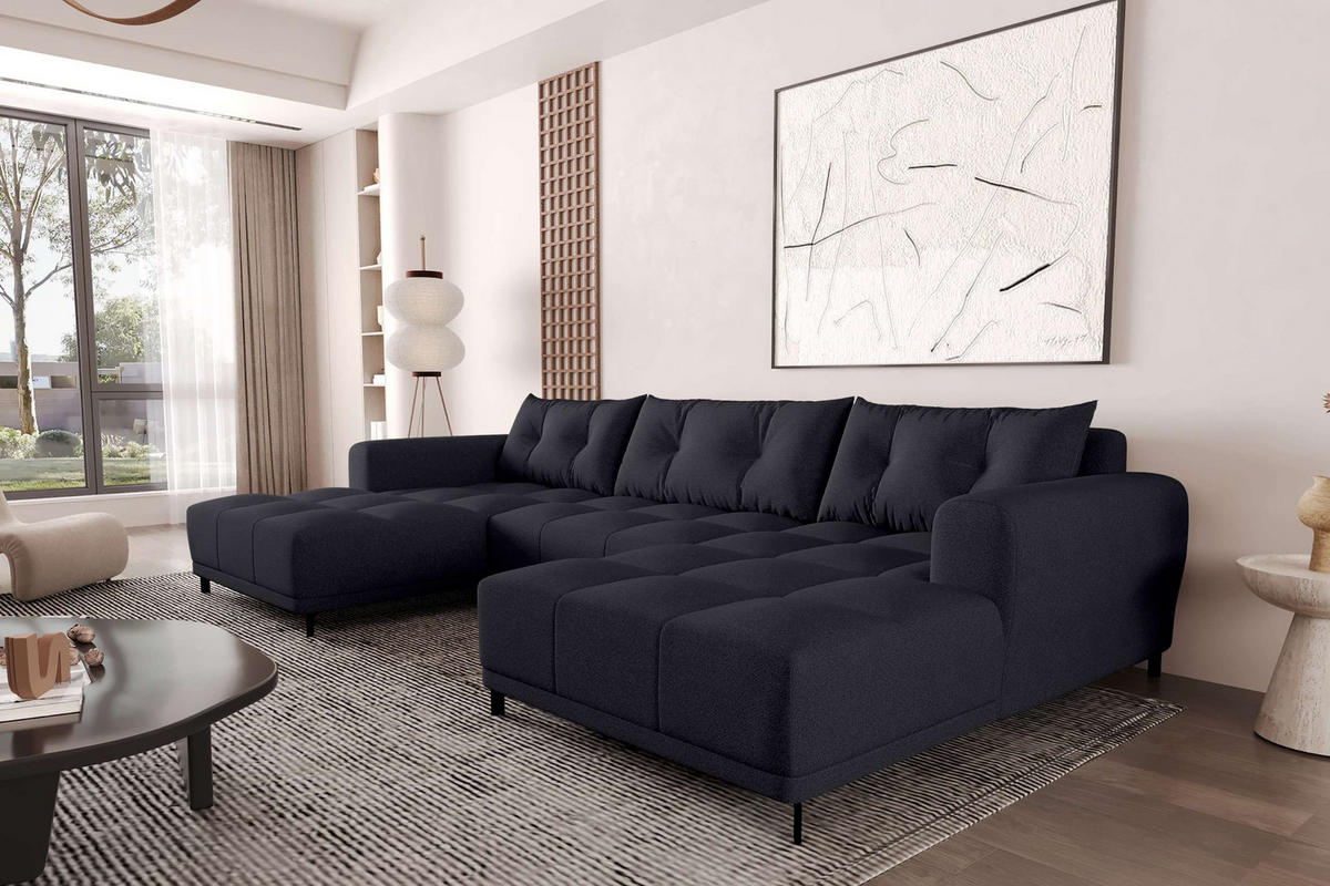 WOHNLANDSCHAFT Strukturstoff Schwarz inkl. Schlaffunktion - Schwarz, Textil/Metall (348/94/181cm) - 99rooms