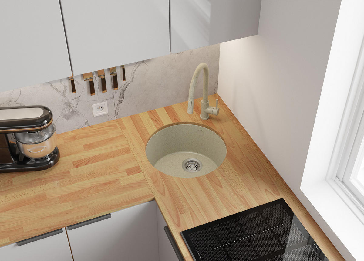 UNTERBAUSPÜLE GRANIT Valletta, 2-er set Beige 46/46 cm 1 Becken + Küchenarmatur 40/20 cm + Ablauf-Set ab 50er Unterschrank - Beige, Kunststoff (46/20/46cm) - Primagran