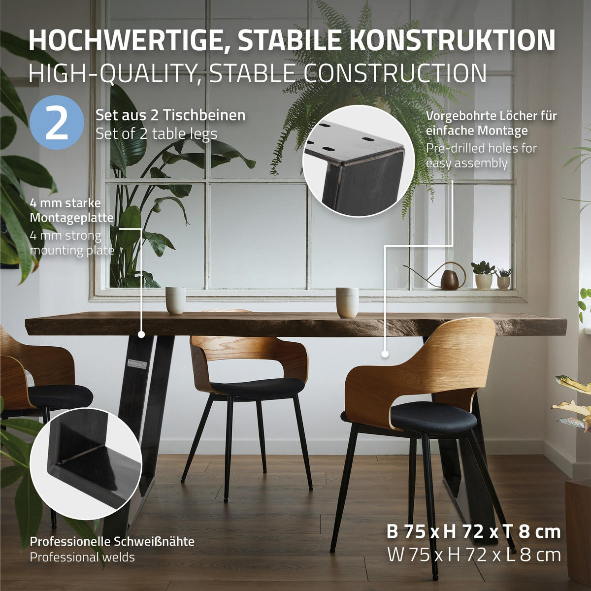 TISCHBEINE 2er Set 80GRAD 75 x 72 cm Dunkelgrau - Klar, Metall (75/72/8cm) - ML-DESIGN