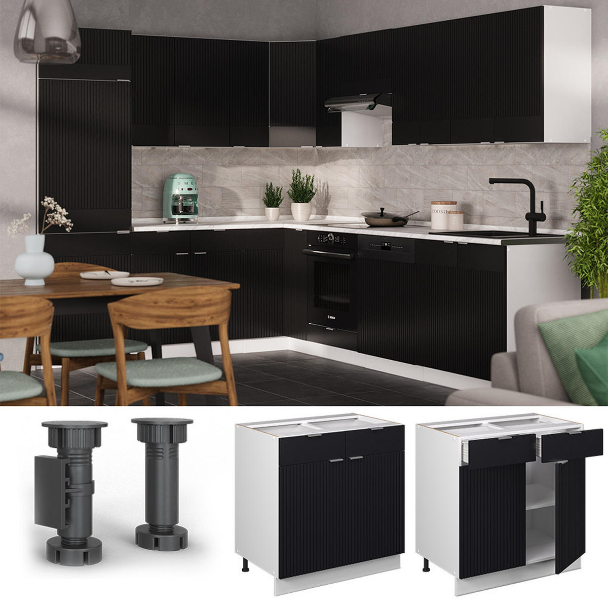 KÜCHENUNTERSCHRANK Fame-Line, Schwarz gestreift, 80 cm, AP Anthrazit - Schwarz/Weiß, Holzwerkstoff (80/82/60cm) - Vicco