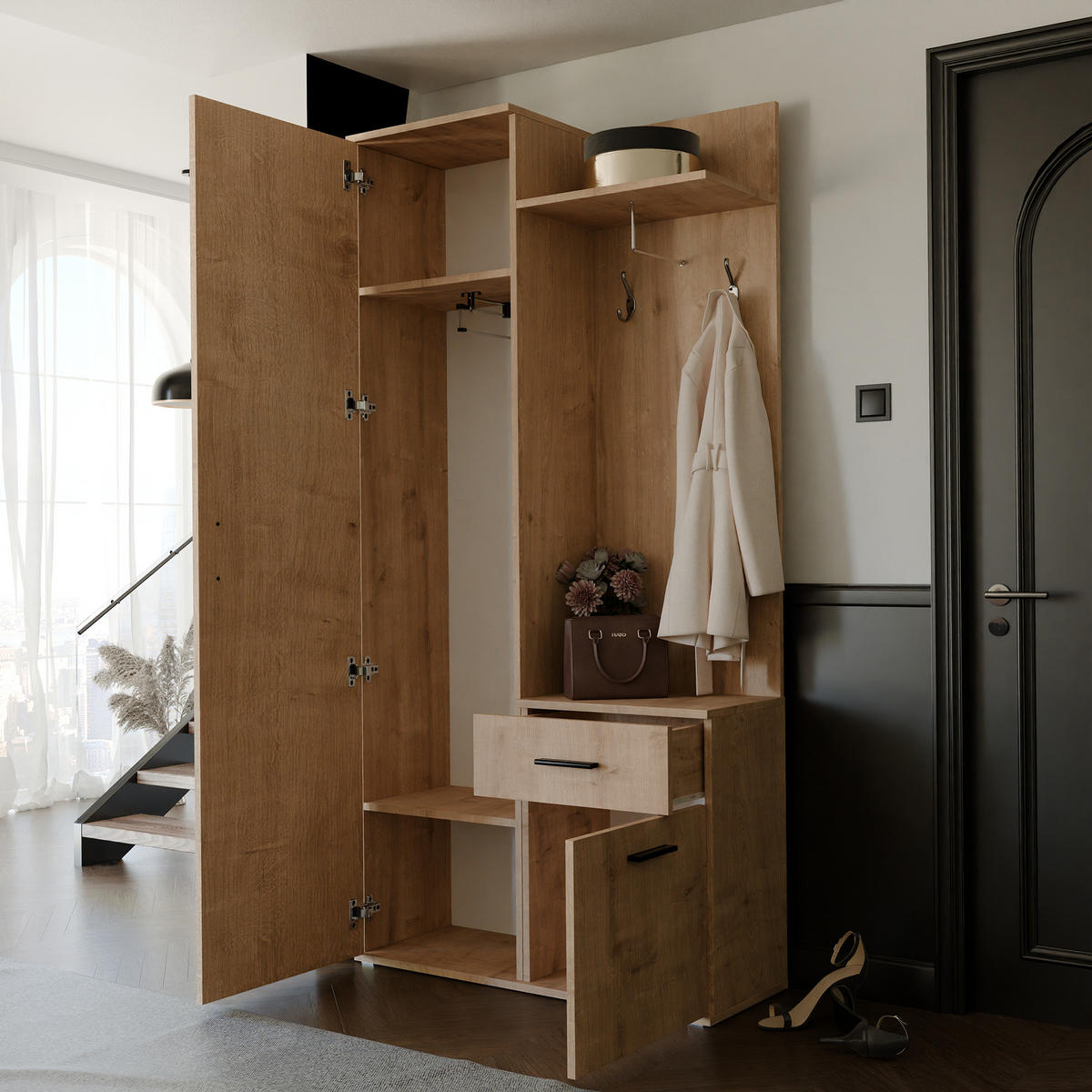 GARDEROBENSCHRANK mit Spiegel-mit Ablagen und Kleiderstange - Braun, Holzwerkstoff (97/195/30cm) - Idohome