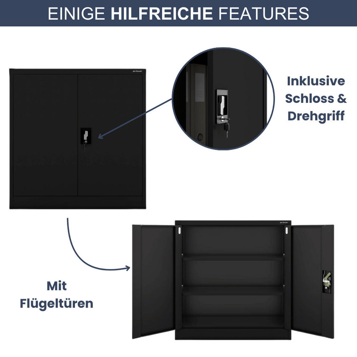 AKTENSCHRANK abschließbar BEATA mit Flügeltüren 93x90x40cm Schwarz - Schwarz, Metall (90/93/40cm) - Jan Nowak