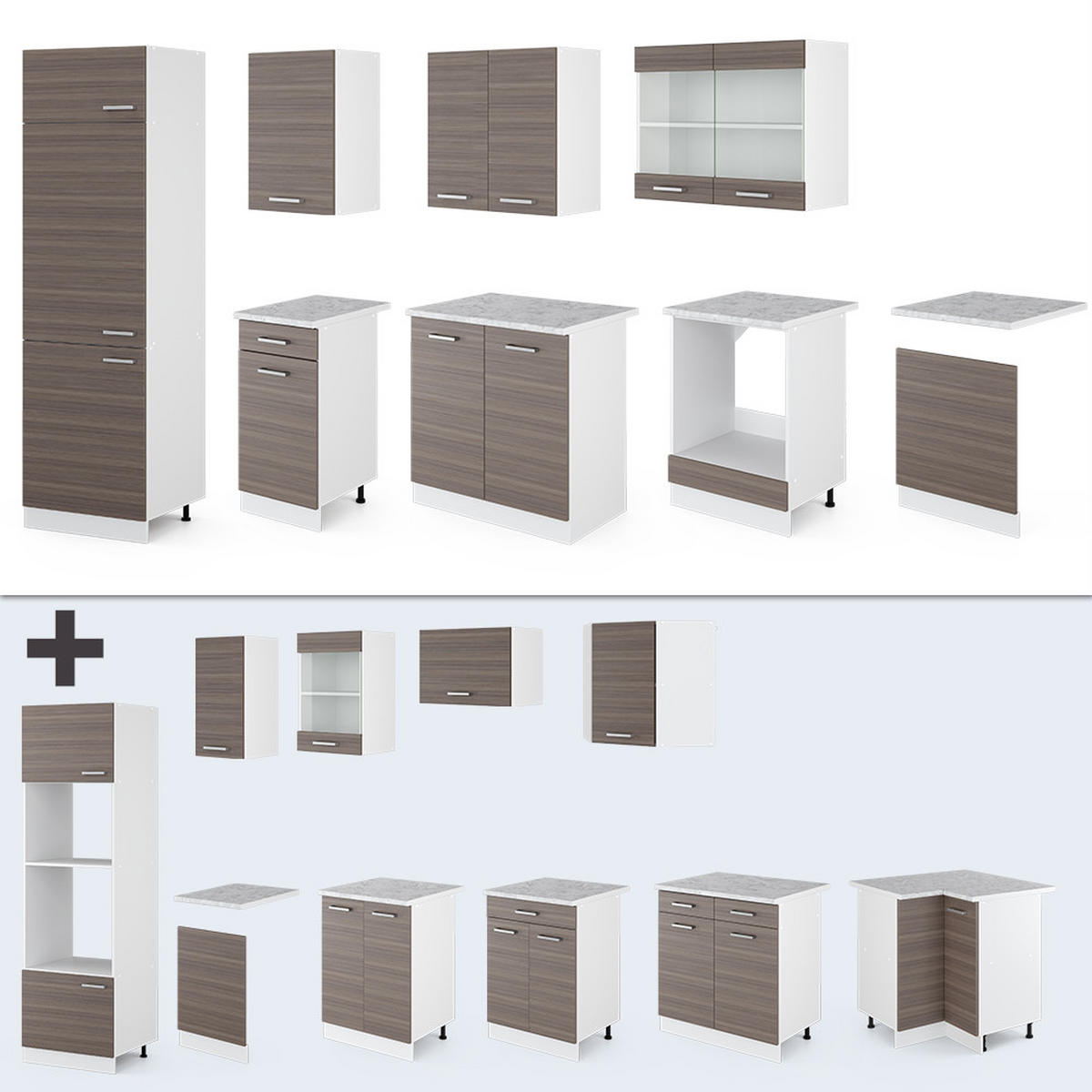 KÜCHE R-Line Edelgrau/Weiß 300 cm, AP Marmor - Braun/Weiß, Holzwerkstoff (300/81.6/60cm) - Vicco