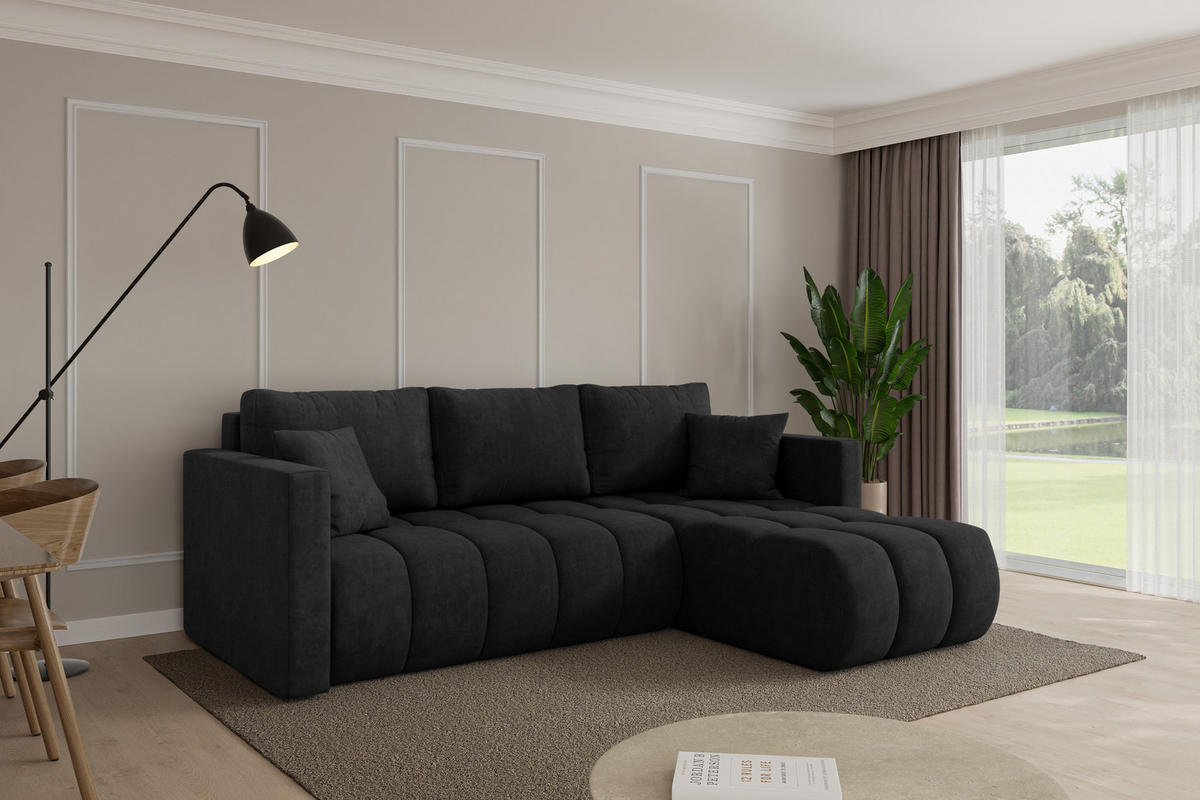ROHOVÁ SEDAČKA s funkcí spaní, otoman vpravo GARD-L 226x146x85 černá velur - černá, kompozitní dřevo/textil (226/146cm) - ALTDECOR