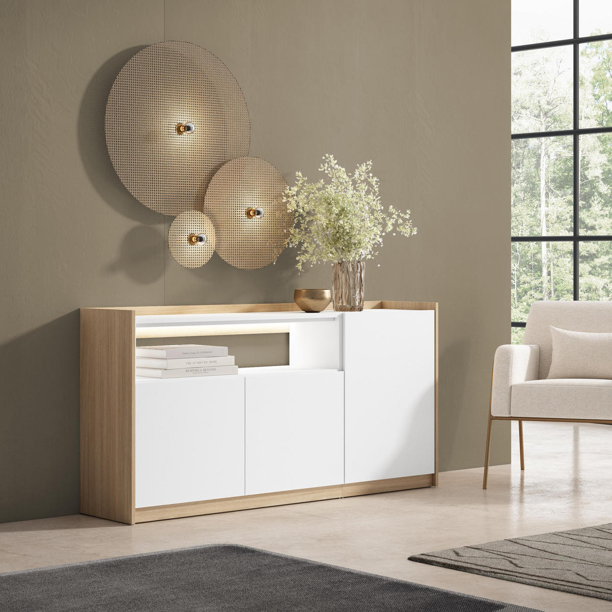SIDEBOARD, Weiß und Eiche, 156/37/80cm, mit Led - Weiß, Holzwerkstoff (156/80/37cm) - Skraut Home