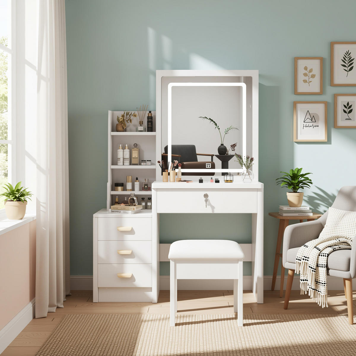 SCHMINKTISCH-SET 85 cm in Weiß mit LED-Spiegel, Hocker & verspiegelten Schiebetüren - Weiß, Holzwerkstoff (85/130/36cm) - Urban Meuble