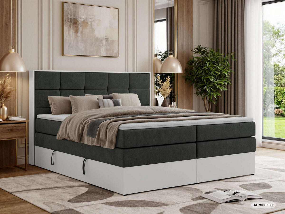 BOXSPRINGBETT ALVIT KING 160/200 - Dunkelgrau Stukture - Topper T25 - H3 - Dunkelgrau/Schwarz, Kunststoff/Textil (160/200cm) - MKS