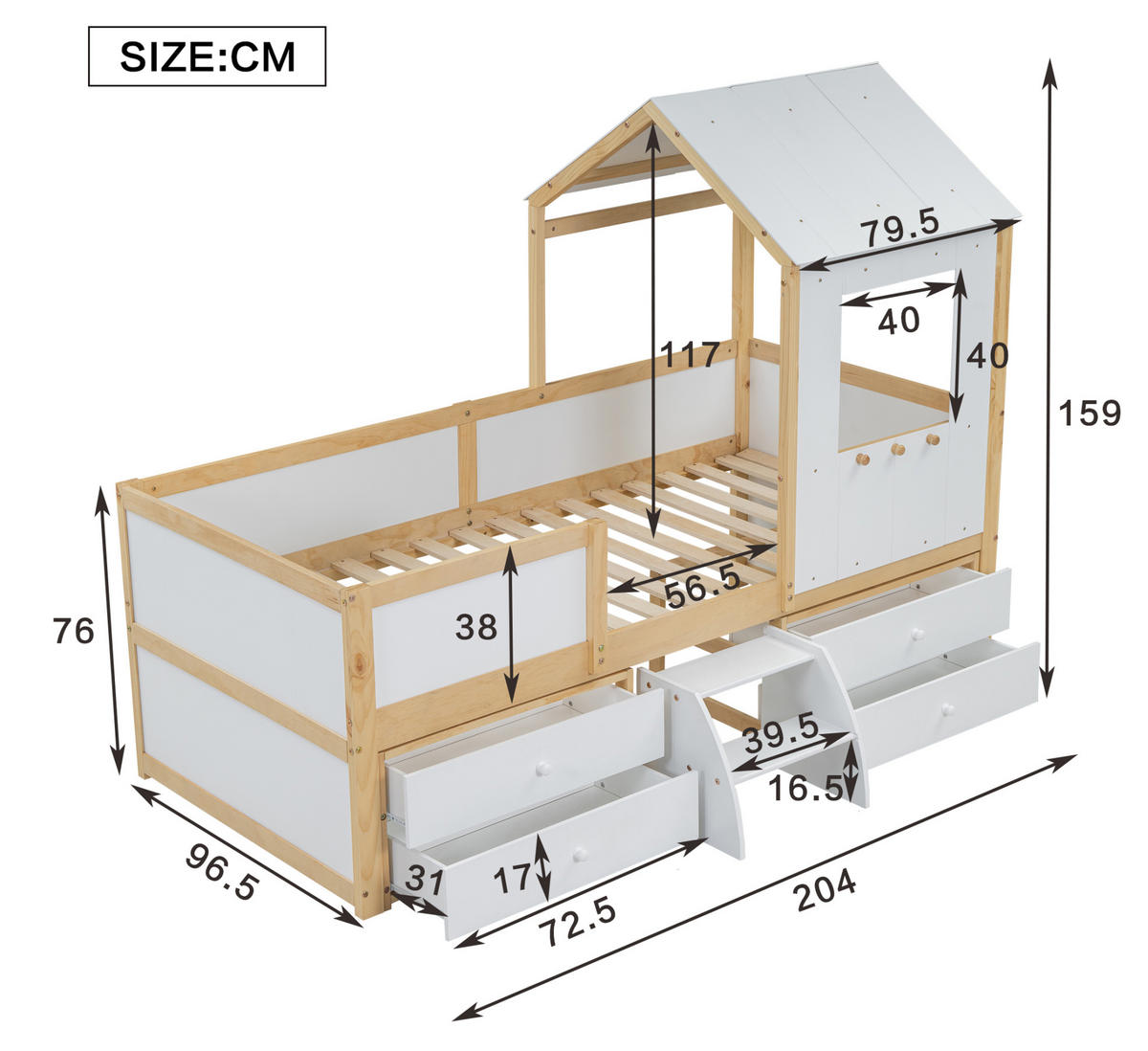 KINDERBETT Hausbett 90/200 cm, Weiß/Natur mit 4 Schubladen und Treppe - Weiß, Holz (90/200cm) - MIVRAY