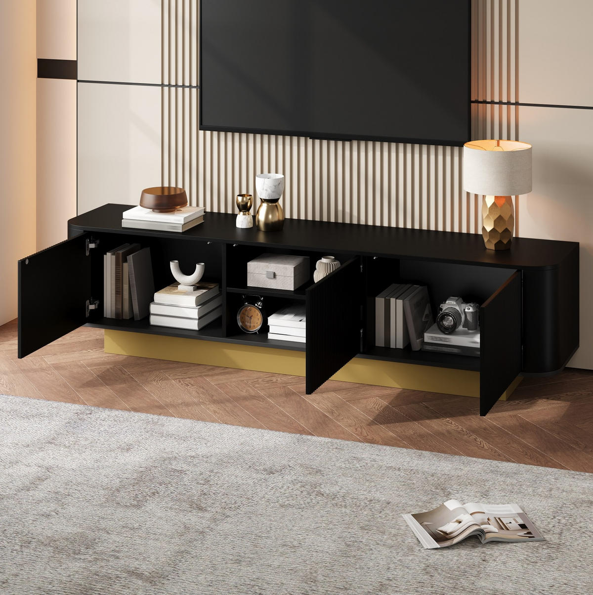 TV-LOWBOARD 170/40,5/47 cm mit 3 Türen, verstellbarem Einlegeboden und Kabelführung, Schwarz - Schwarz, Holzwerkstoff (170/47/40.5cm) - Redom