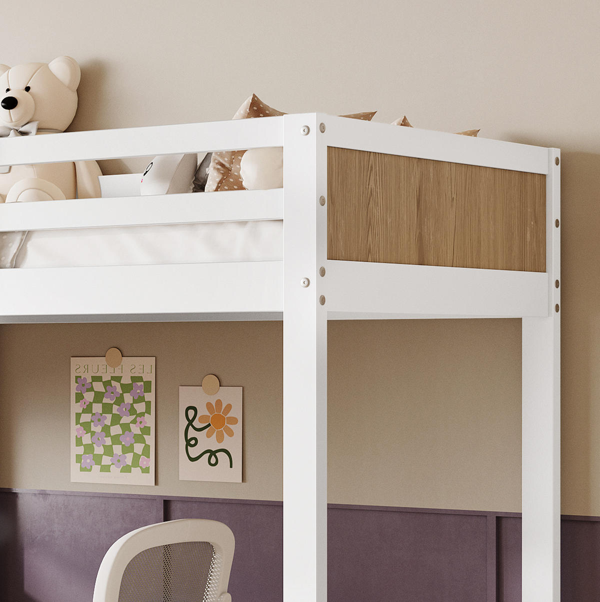 ETAGENBETT 90/200 cm Weiß/Natur mit Schreibtisch und Stauraumtreppe ohne Matratze - Weiß, Holz (90/200cm) - MIVRAY