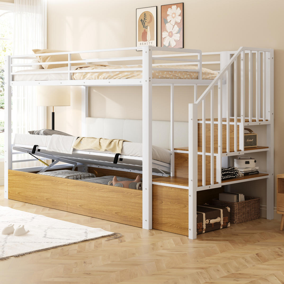 HOCHBETT 90/200 cm aus Metall und MDF mit Stauraumtreppe Weiß - Weiß, Holzwerkstoff (90/200cm) - Modenvie