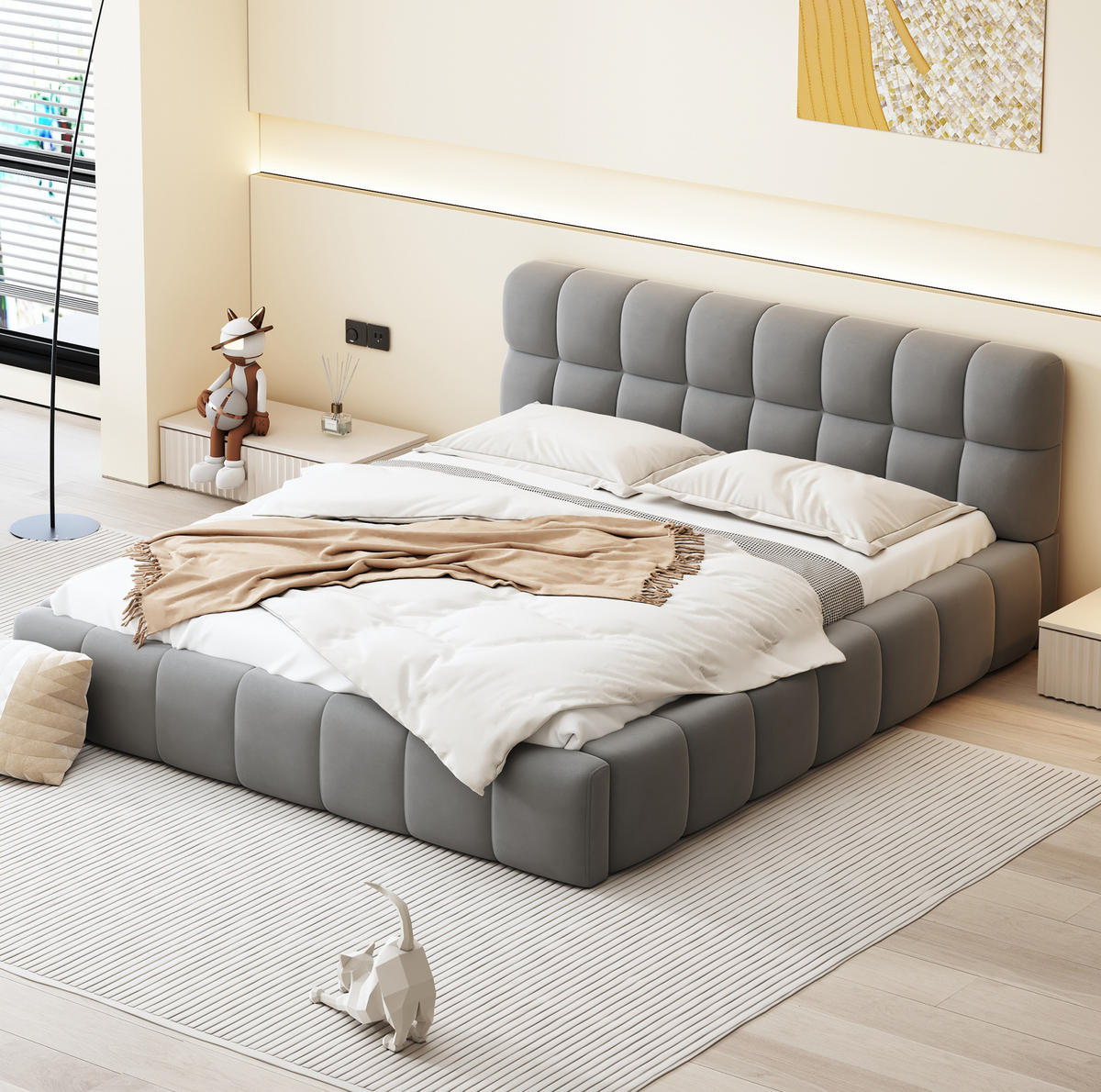 POLSTERBETT 140/190 cm mit gepolstertem Kopfteil, eingebettetem Matratzendesign und Lattenrost, Grau - Grau, Textil (140/190cm) - Redom
