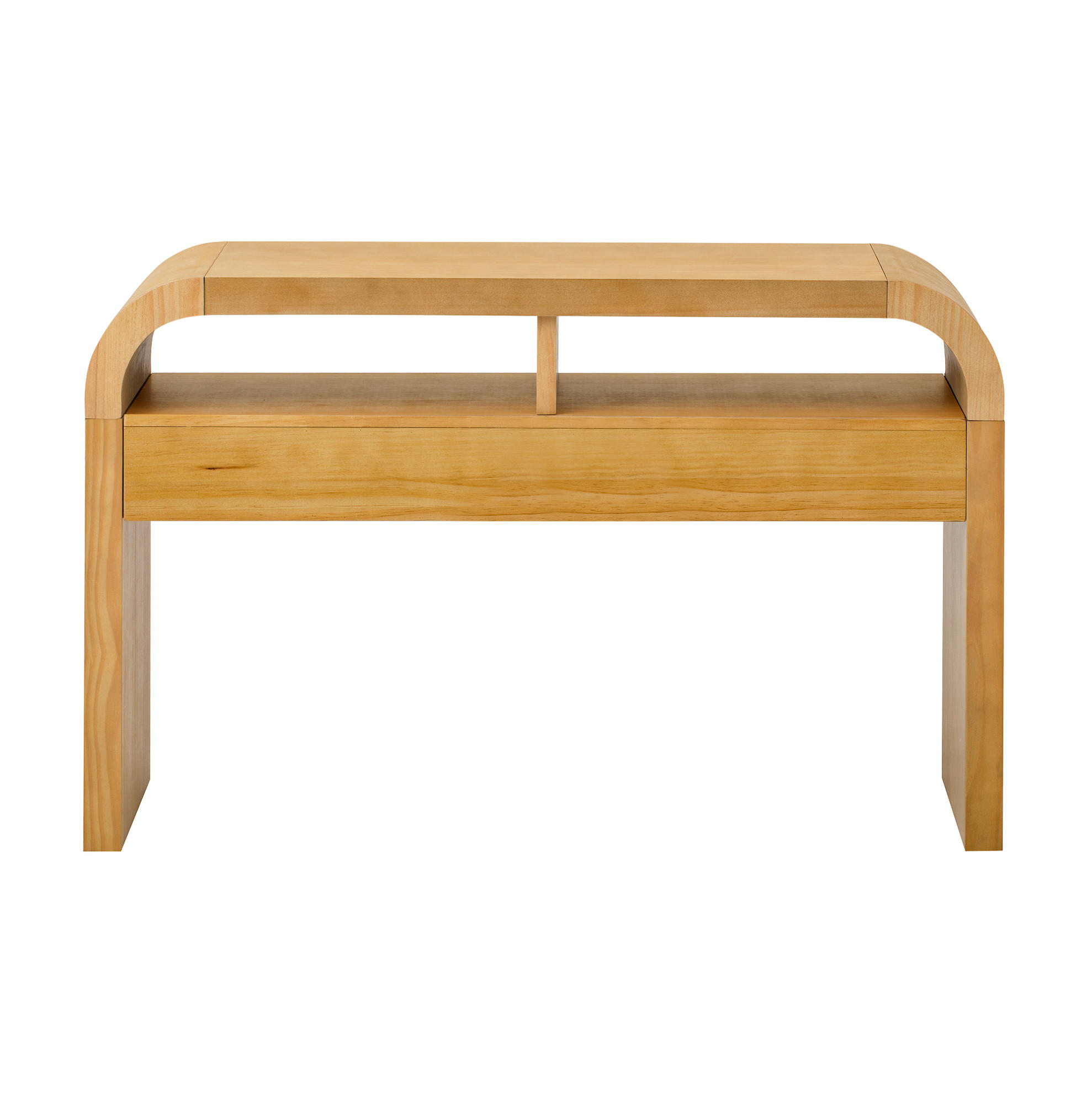 Modfu KONZOLOVÝ stolek z MDF 120x35,5x76,5 cm přírodní se 2 zásuvkami, otevřenými policemi a nastavitelnými nožkami