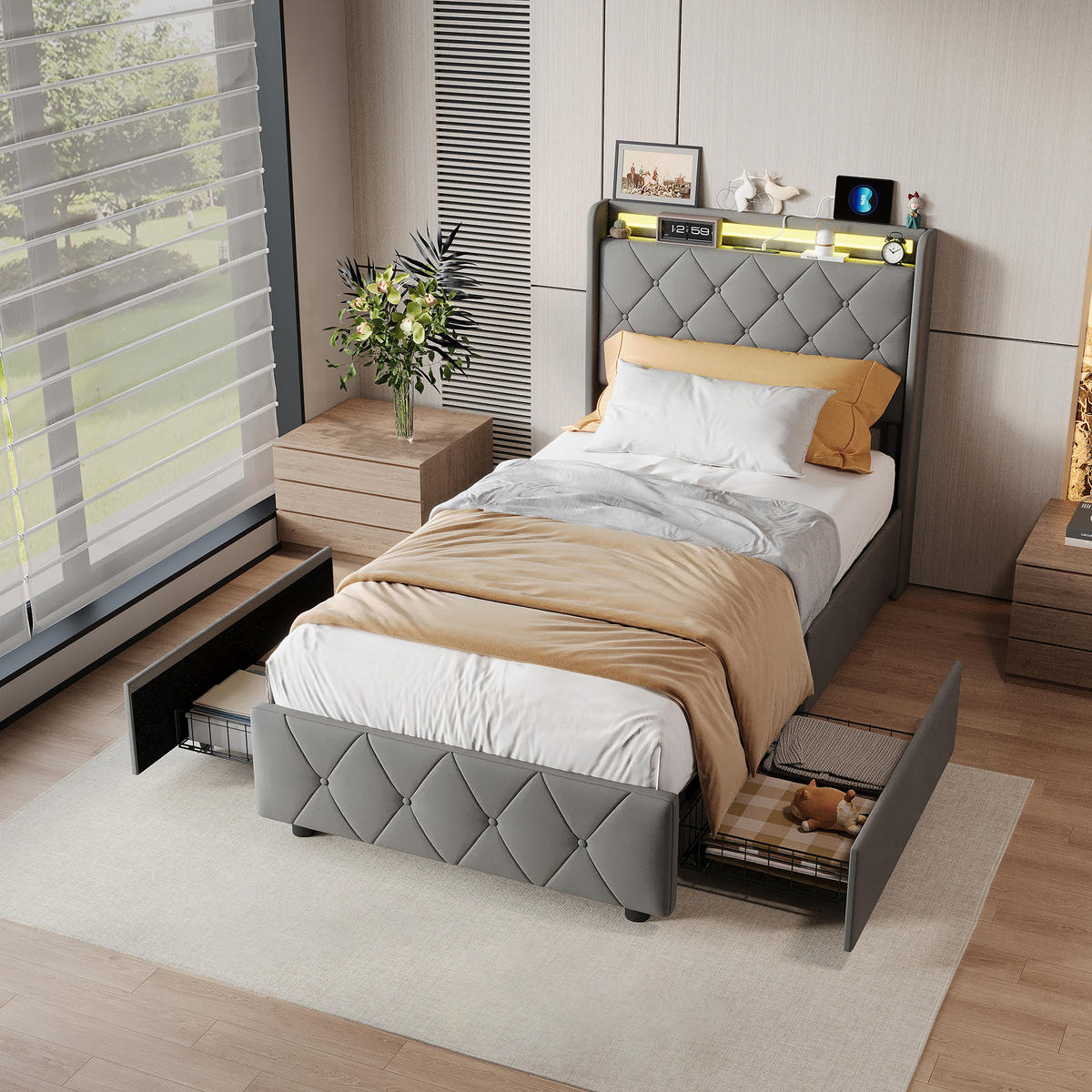 POLSTERBETT 90x200 cm, Zwei Schubladen mit Rollen, RGB LED, USB-/Typ-C-Anschlüsse, Samtstoff, Grau - Grau, Holz (90/200cm) - BRILVERDE