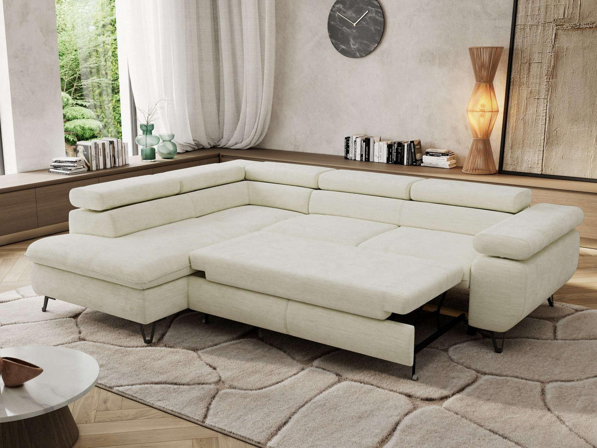 ECKSOFA PABLO L Creme Schenille glatt - Links Seite - Creme/Schwarz, Textil/Metall (208/273cm) - MKS
