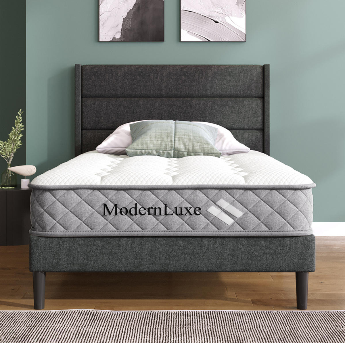 POLSTERBETT aus Leinen 90x200 cm Grau mit Kopfteil, Lattenrost und 7-Zonen-Taschenfederkernmatratze - Dunkelgrau, Textil (90/200cm) - IVMEU