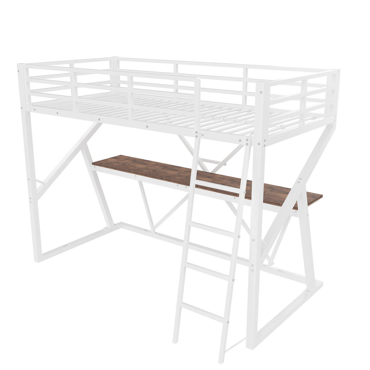 HOCHBETT 90/200 cm mit LED-Beleuchtung, Schreibtisch, Geländer und Leiter, Weiß - Weiß, Metall (90/200cm) - Redom