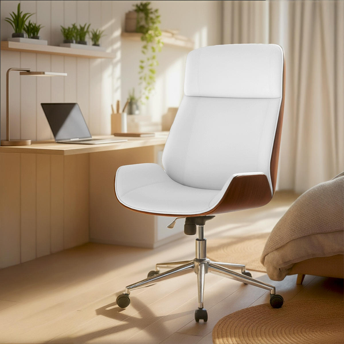 DREHSTUHL Lederlook Walnuss/Weiß - Chromfarben/Walnussfarben, Textil/Metall (58/110/66cm) - CLP