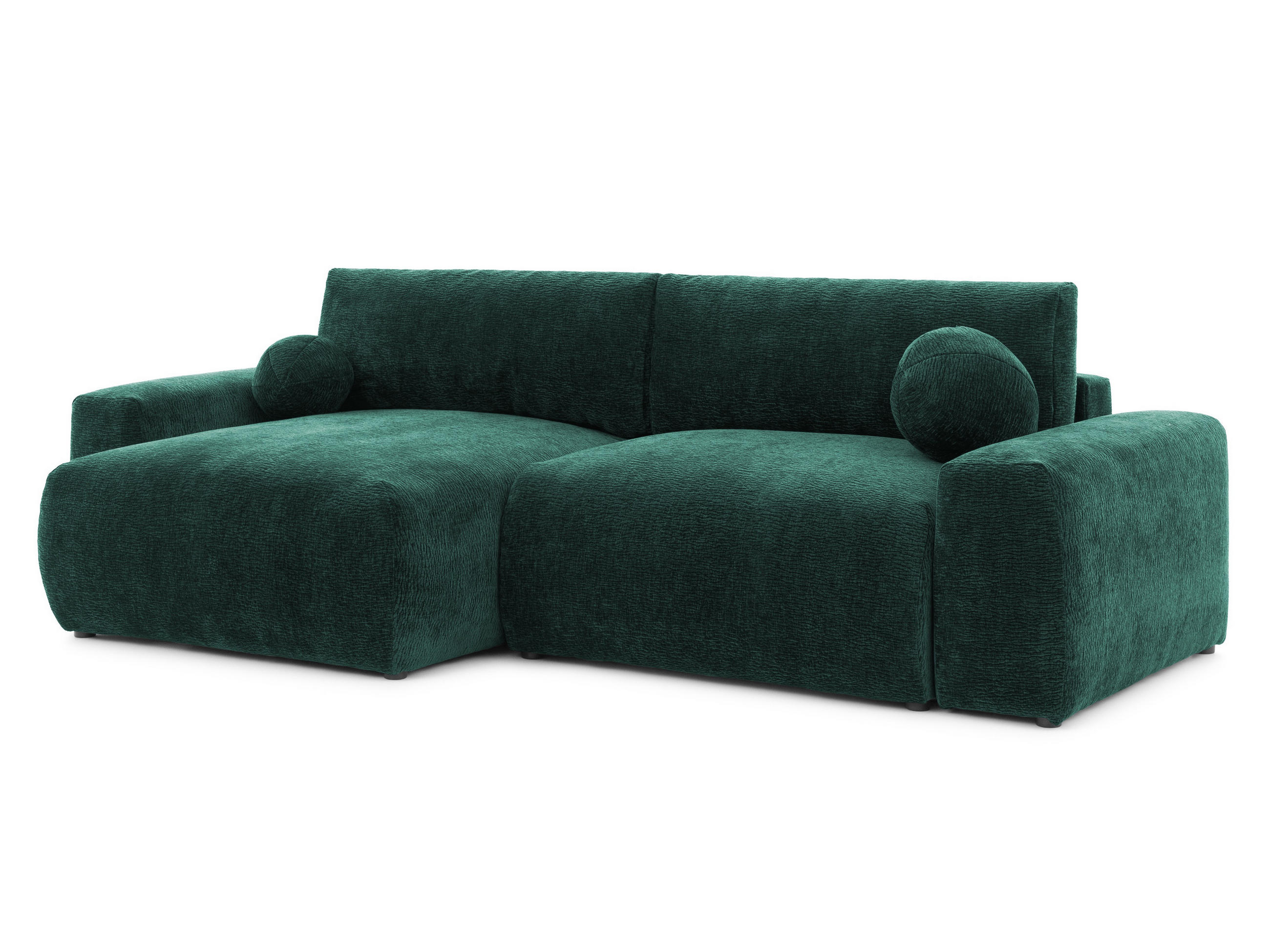 ECKSOFA Puffy mit Schlaffunktion und Bettkasten - besonders weich und puffig aus Grün Stoff mit Chenillestruktur - Ottomane links - Schwarz/Grün, Holz/Kunststoff (138/266cm) - S-Style Möbel