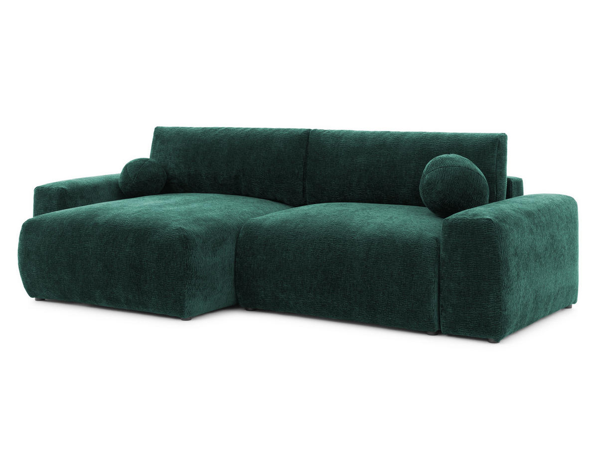 ECKSOFA Puffy mit Schlaffunktion und Bettkasten - besonders weich und puffig aus Grün Stoff mit Chenillestruktur - Ottomane links - Schwarz/Grün, Holz/Kunststoff (138/266cm) - S-Style Möbel