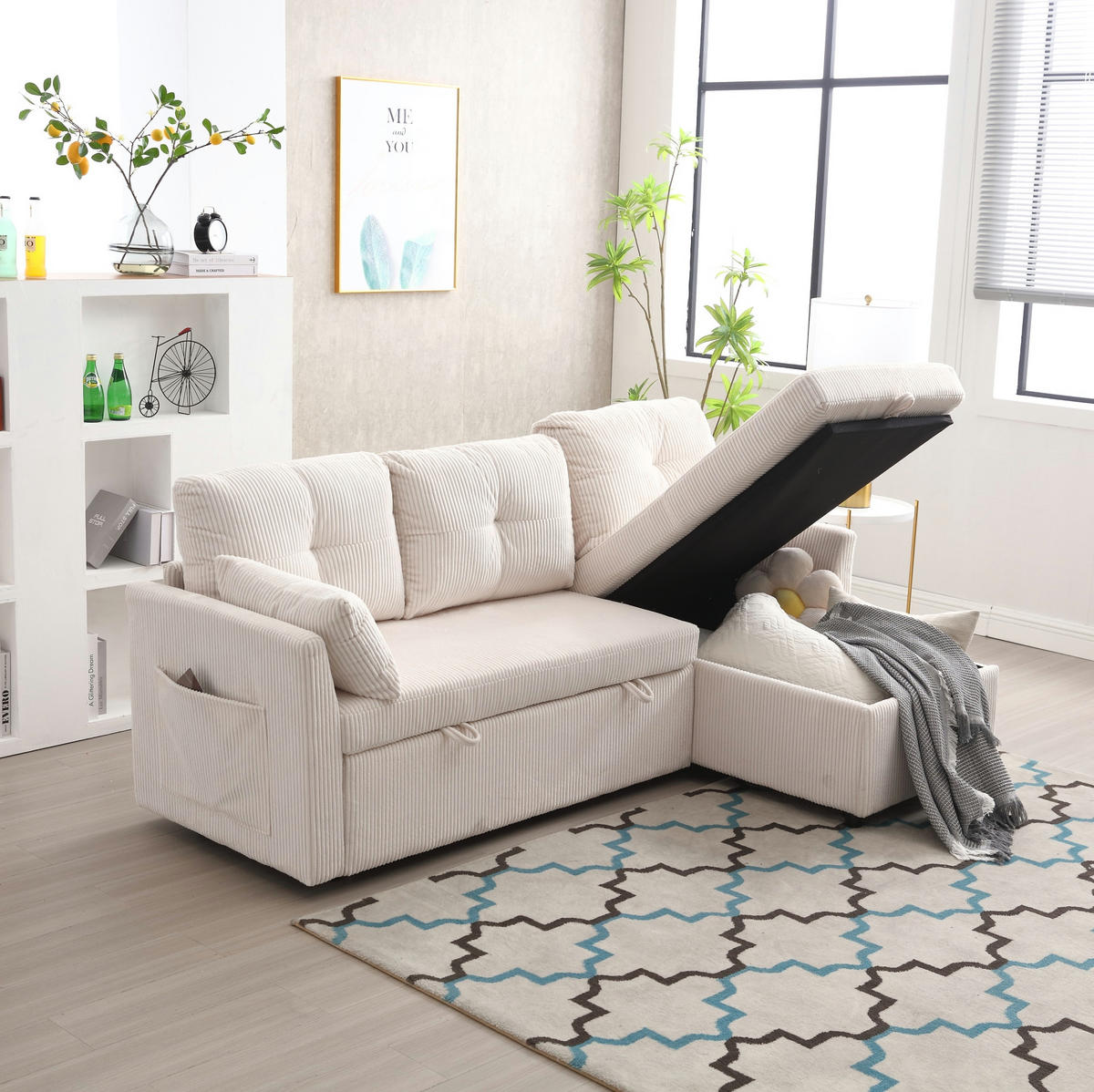 ECKSCHLAFSOFA Cord mit Stauraum und umbaubarer Ottomane Beige 206/108/66 cm - Beige, Textil (108/206cm) - Redom