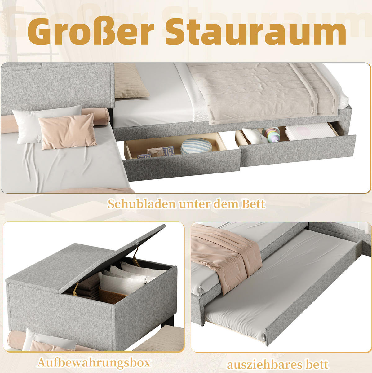 ECKBETT 90/200 cm mit Ausziehbett, Stauraumschrank, 2 Schubladen und Leinenbezug, Grau - Grau, Textil (90/200cm) - Redom
