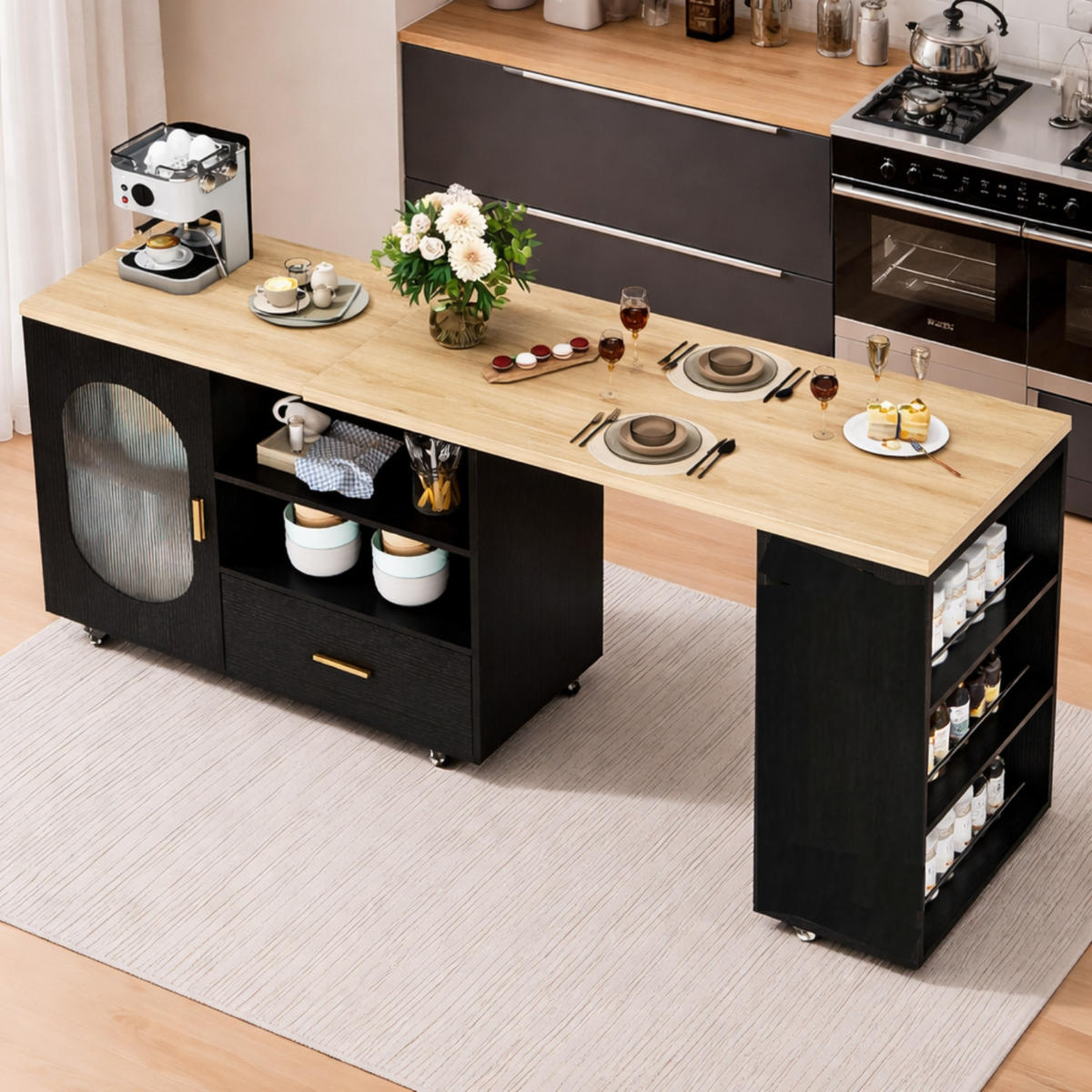 KÜCHENINSEL 360° drehbar mit Stauraum multifunktional Design - Schwarz/Naturfarben, Holzwerkstoff/Metall (184/90/60cm) - Quality Elegance
