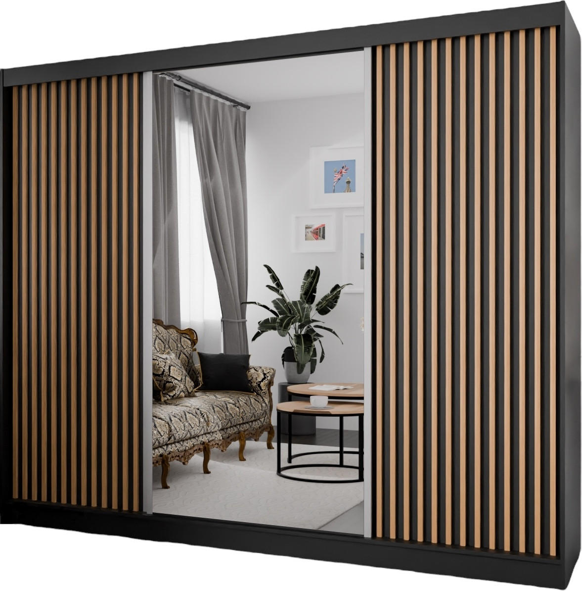 SCHWEBETÜRENSCHRANK Lili 250 cm mit Lamellen und Spiegel 3-türig, schwarz, Lamelle wotan - Eiche Wotan/Schwarz, Kunststoff (250/215/61cm) - Margaret Hadas24