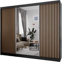SCHWEBETÜRENSCHRANK Lili 250 cm mit Lamellen und Spiegel 3-türig, schwarz, Lamelle wotan - Eiche Wotan/Schwarz, Kunststoff (250/215/61cm) - Margaret Hadas24