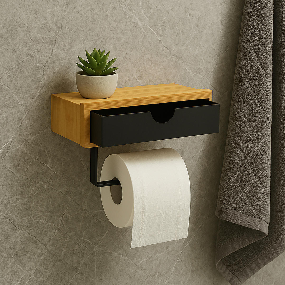 TOILETTENPAPIERHALTER Schwarz Natur Bambus Metall Wandmontage 13x18,5 cm - Multicolor, Holz/Kunststoff (18.5/13/10.5cm) - Relaxdays