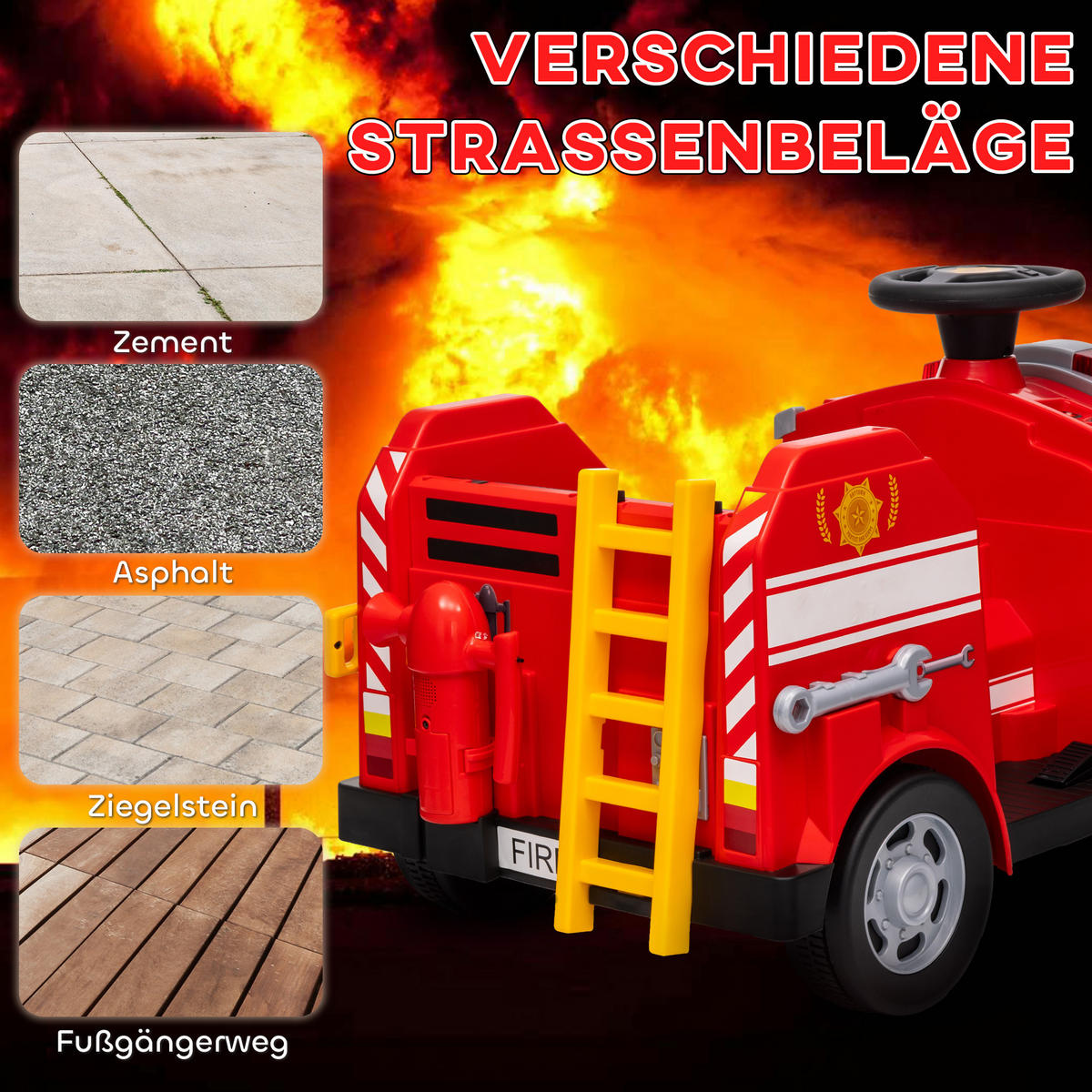 FEUERWEHRAUTO DE-06255 Elektro-Kinderauto mit Sirene und Blaulicht Rot - Rot, Kunststoff/Metall (86/49/52cm) - ComfortXL