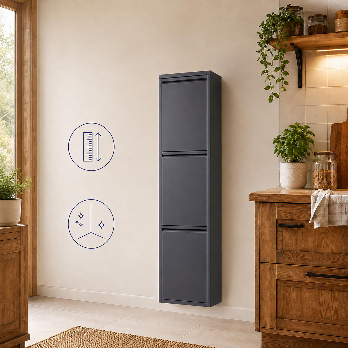 MÜLLEIMER Anthrazit 3 Fächer 3x18 l Stahl - Anthrazit, Kunststoff/Metall (32/132/25cm) - Relaxdays