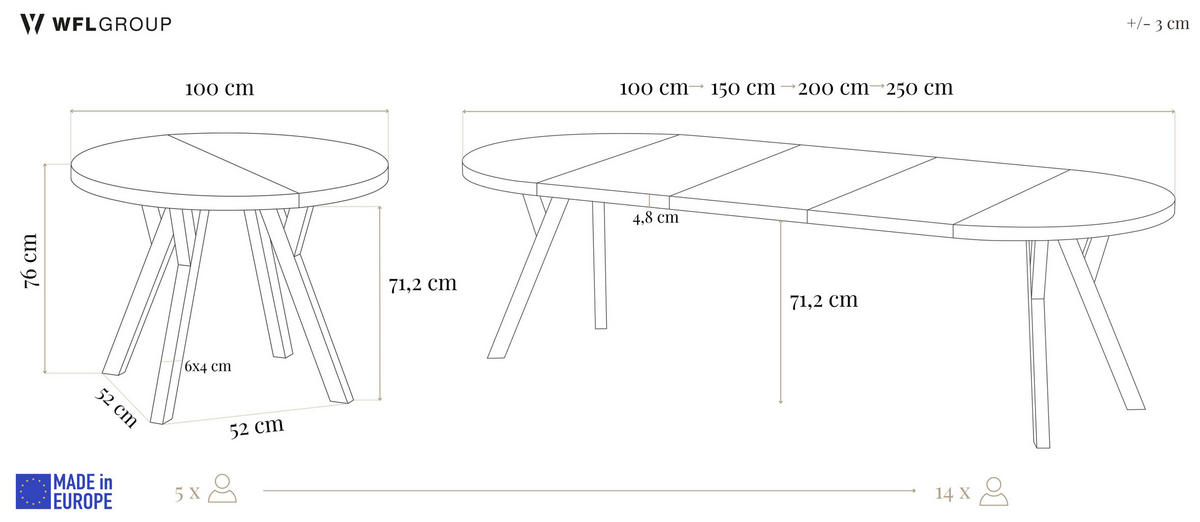 ESSTISCH Twixy XXL groß rund oval ausziehbar, Eiche Hell Braun 100-250/100/76 cm - Eichefarben/Weiß, Holz/Holzwerkstoff (100/100/76cm) - WFL GROUP