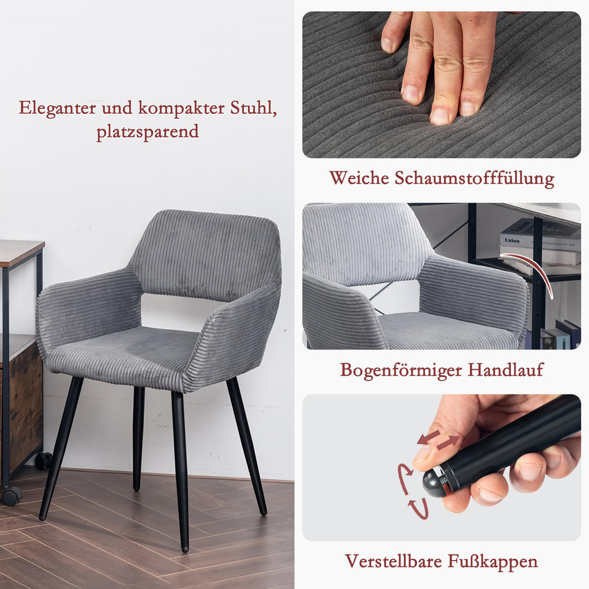 ESSZIMMERSTÜHLE 4er-Set, gepolstert, Cordbezug, Metallbeine, Grau - Grau, Textil/Metall (56/78/56cm) - Meubles Cosy