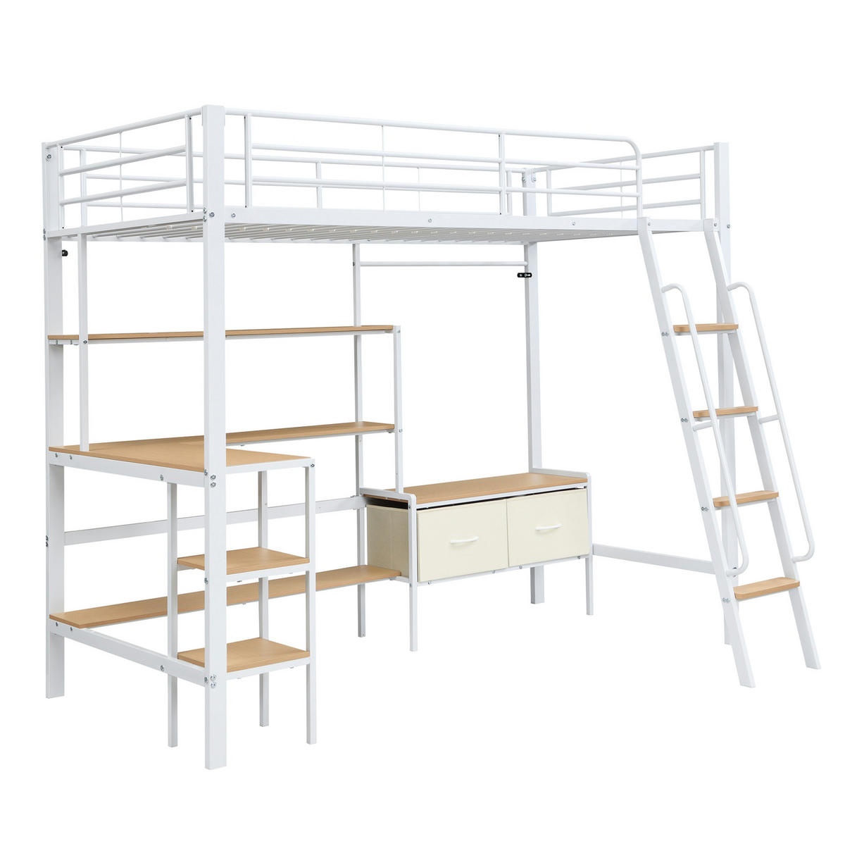 HOCHBETT 90/200 cm Weiß/Natur aus Eisen und MDF mit Schreibtisch - Weiß, Metall (90/200cm) - OKWISH