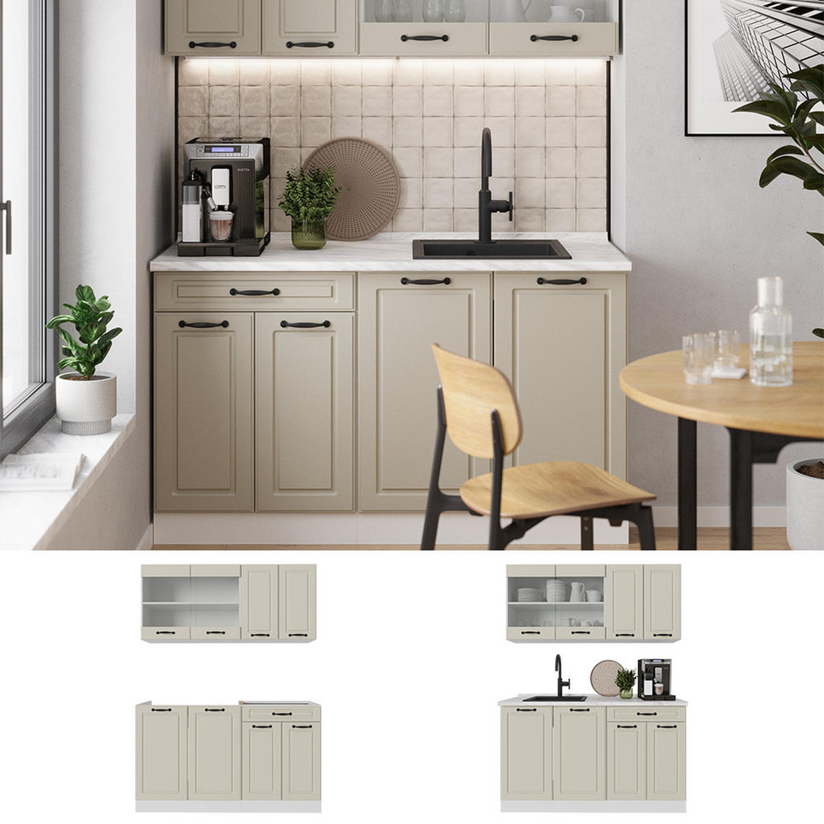 SINGLEKÜCHE R-Line, Sand Landhaus/Weiß, 140 cm Arbeitsplatte Anthrazit - Beige/Weiß, Holzwerkstoff (140/81.6/60cm) - Vicco