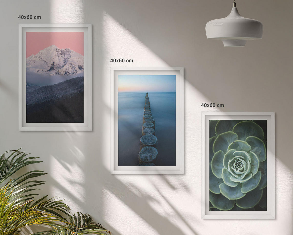 WANDBILDER 3er-Set - 40x60 cm Weißer Rahmen - Berge, rosa Himmel, Wasser, Sukkulente - Weiß, Kunststoff (40/60cm) - ArtPrintCave