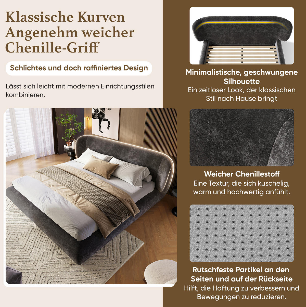 POLSTERBETT aus Chenille 140x190 cm Grau mit Lattenrost und gepolstertem Kopfteil - Grau, Textil (140/190cm) - Modfu