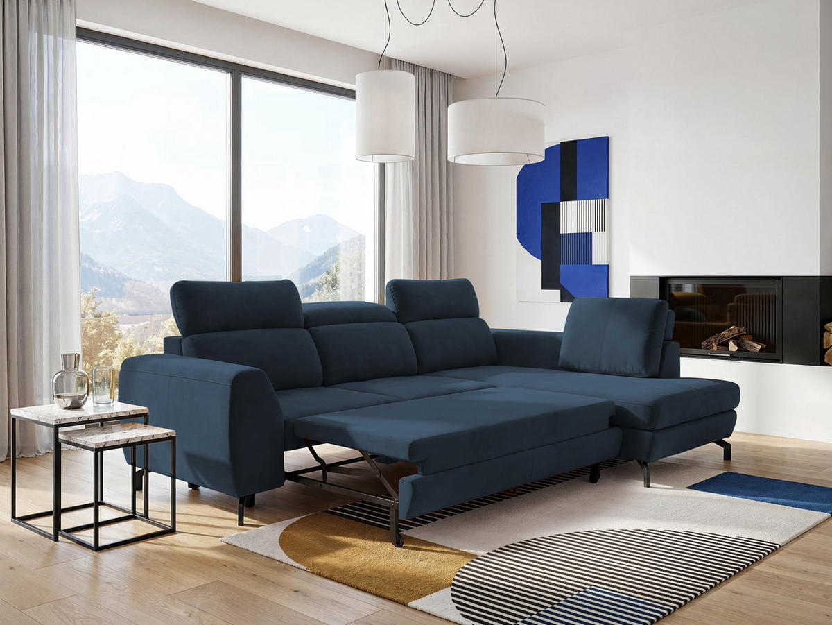 ECKSOFA ANTE Rechts, mit Schlaffunktion und Bettkasten, Marineblau - Dunkelblau, Textil/Metall (266/184cm) - Idohome
