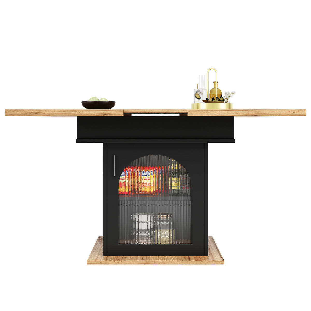 ESSTISCH 110-140x80x76 cm in Schwarz aus MDF mit Regenbogen-Glastüren und 3 Ablagen ausziehbar - Schwarz, Holzwerkstoff (140/80/76cm) - Modfu
