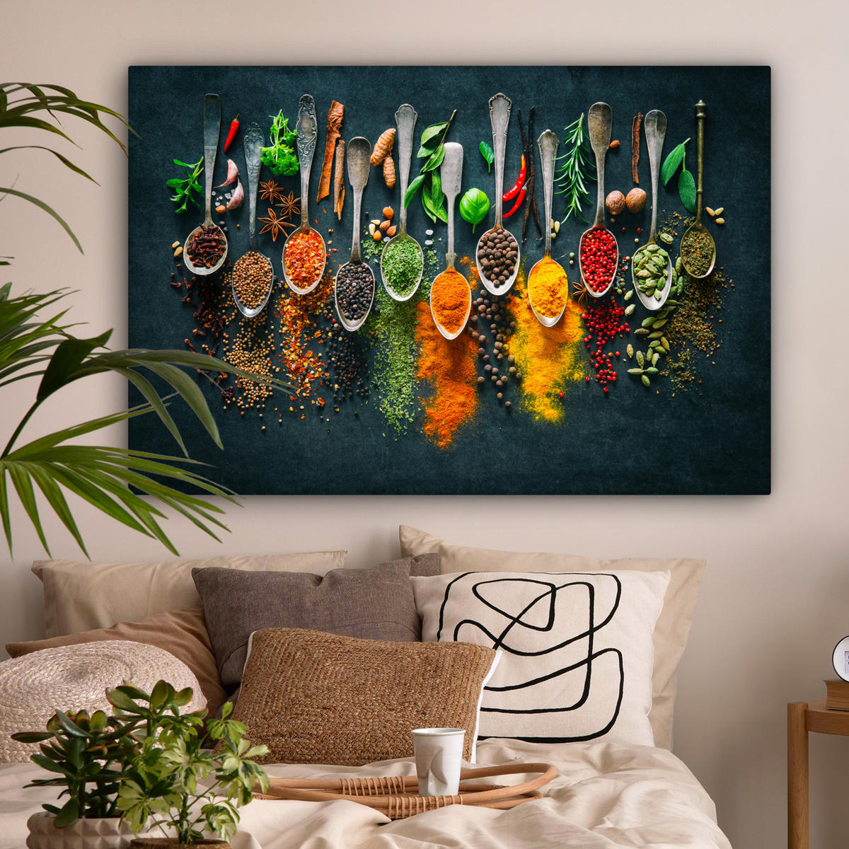 LEINWANDBILD Kräuter - Gewürze - Löffel Wohnzimmer Groß 120x80 cm - Currygelb, Textil (120/80cm) - MuchoWow