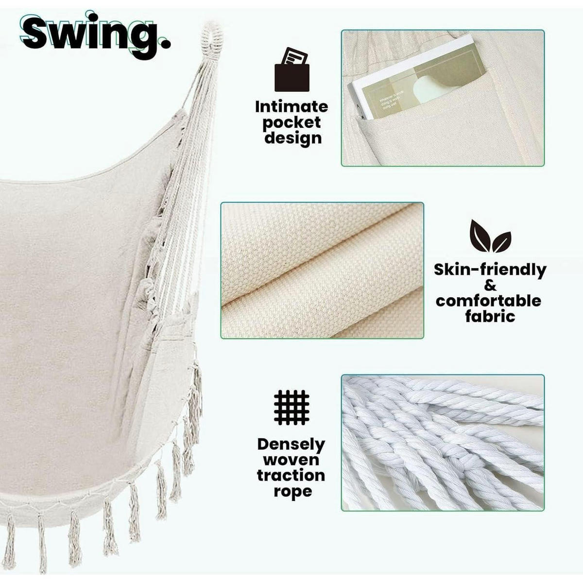 HÄNGESESSEL mit Gestell Schwarz 160 kg Belastbarkeit - Weiß, Textil (90/1.5/132cm)