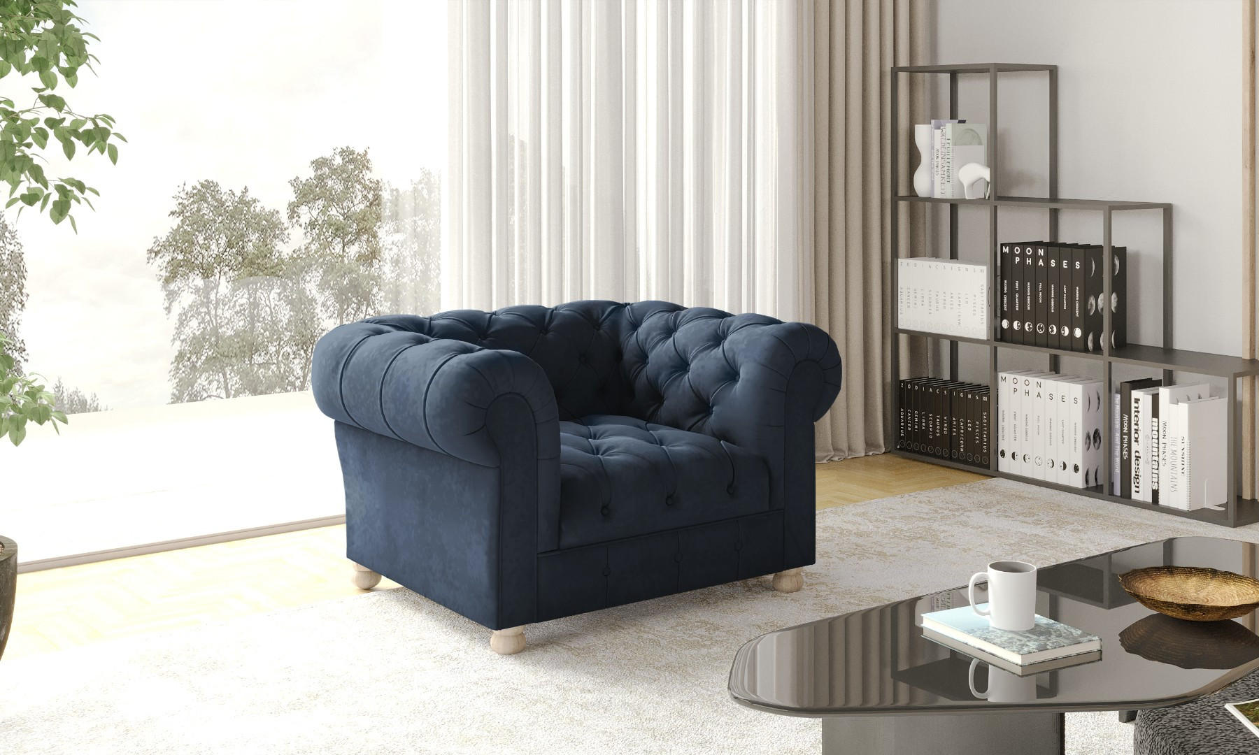 SESSEL CHESTERFIELD Elegant Klassisch Schick Stoff Whisper Velours Blau - Blau, Holz (112/77/90cm) - Kaiser Möbel